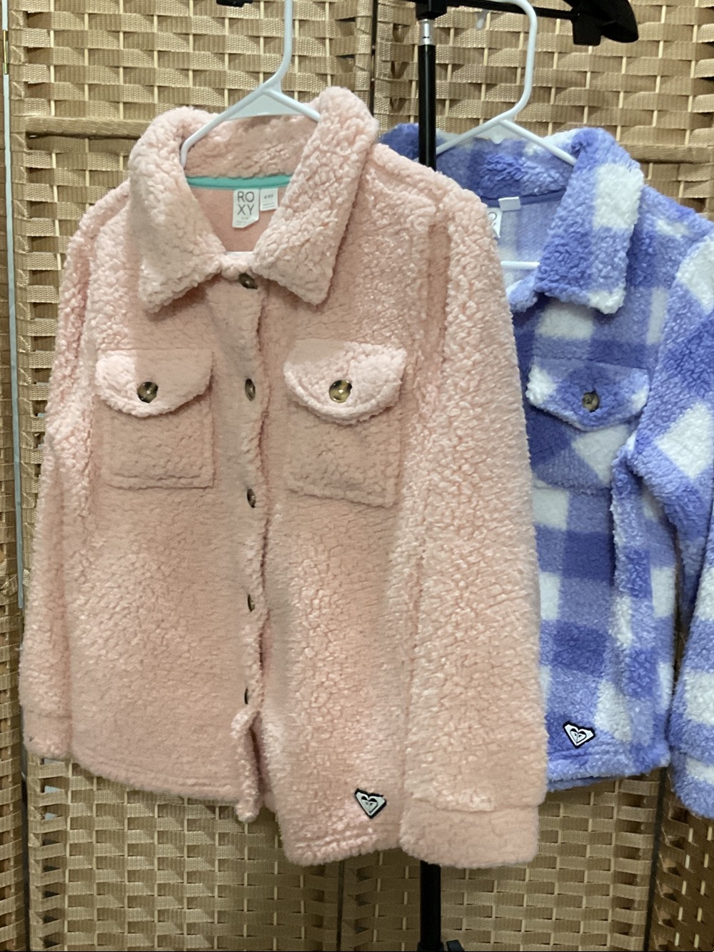 Set of Two Roxy Girls' Sherpa Button-Up Jacket - Pink & Blue Checkered